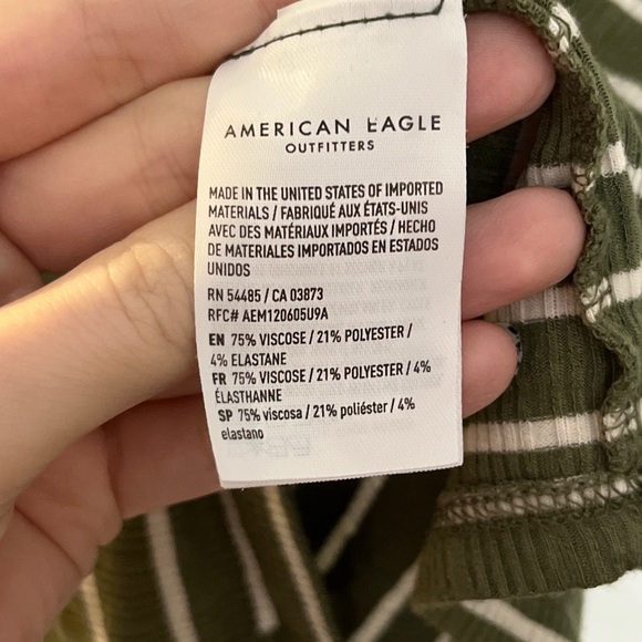 American Eagle Green White Crop Top Striped Ribbed Olive V-Neck Tee 90s Y2K XXS - Picture 5 of 6